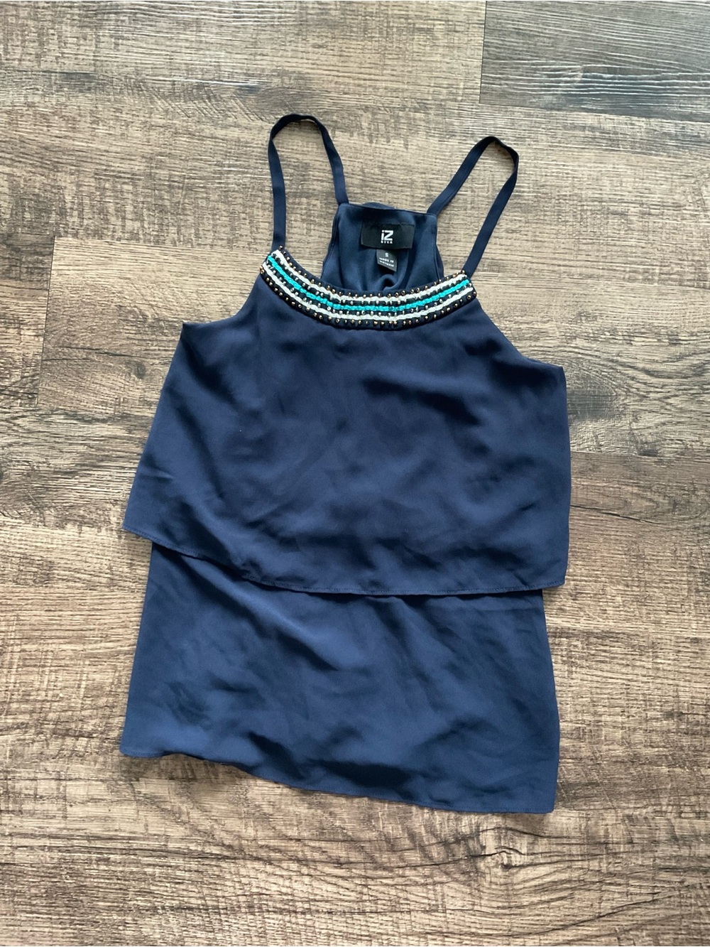 Iz Byer Navy Beaded Layered Cami